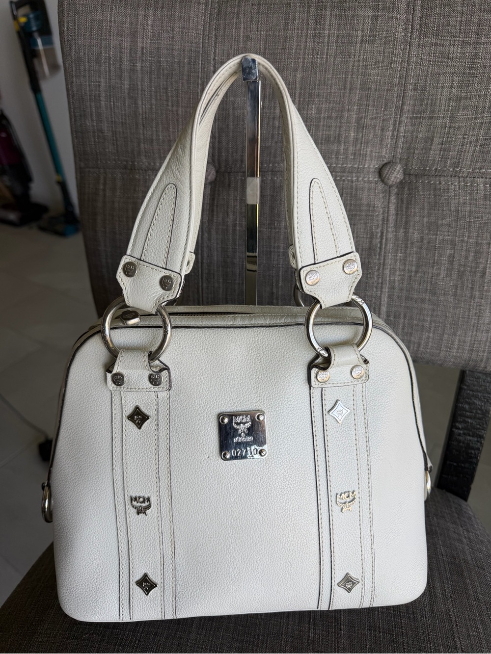 MCM White Pebbled Leather Satchel with Silver Hardware